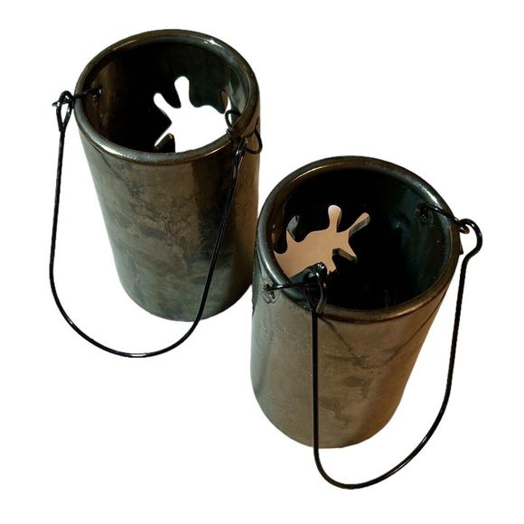 Set of 2 Dark Iridescent Ceramic Spider Cutout Shaped Hanging Candle Lanterns - Picture 4 of 8